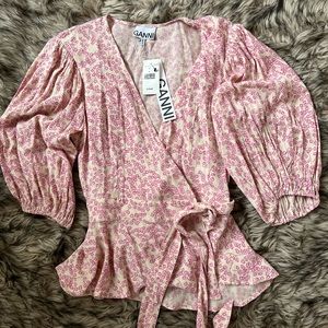 GANNI Floral Linen Wrap Top with Puffy Sleeves